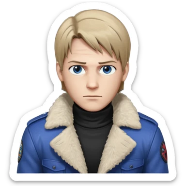 Leon Kennedy from resident evil 4 remake in sheepskin coat and black t-shirt blue eyes clean-shaved sticker