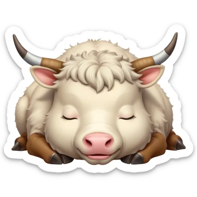 Meme-Worthy Cute Sleeping Domestic Ox Portrait Emoji, Head resting peacefully with a contented smile, showcasing a massive, sturdy build and a luxuriously soft hide, eyes gently closed in serene, restful slumber, Simplified yet hilariously adorable features, highly detailed, glowing with a soft, drowsy natural light, high shine, relaxed and utterly lovable, stylized with an air of playful laziness, soft glowing outline, capturing the essence of a sleeping ox that feels destined to become the next viral sensation of adorable rest! sticker
