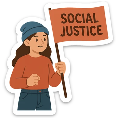 flat toon style girl with blue beanie holding a protest flag for social justice sticker