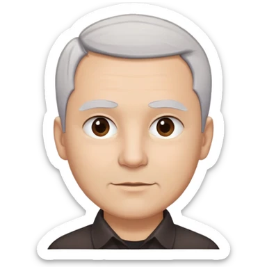 Head and shoulders portrait of Puerto Rican actor René Monclova. Round face with light skin tone. Short gray/white hair with receding hairline. Expressive dark brown eyes, thick eyebrows. Clean-shaven. Slight smile. Wearing a dark collared shirt. sticker