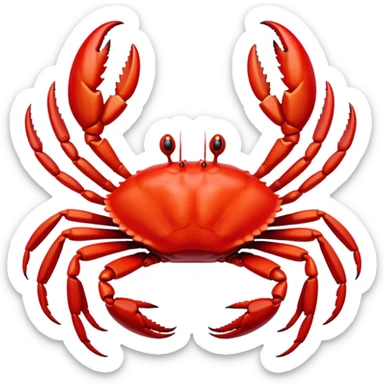 Cinematic Noble Red Crab Portrait Emoji, Poised and commanding, with a sturdy, angular exoskeleton of vivid scarlet red and sharply defined pincers, deep-set, intense eyes on stalks, Simplified yet sharp and sophisticated features, highly detailed, glowing with a soft, oceanic glow, high shine, intelligent and formidable, stylized with an air of coastal authority, focused and alert, soft glowing outline, capturing the essence of a watchful crustacean guardian that appears ready to scuttle out of the screen with determined power! sticker