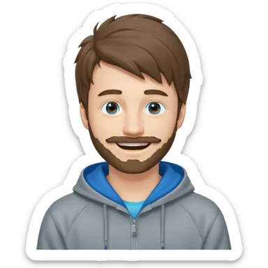 25 year old man, short scruffy beard and thin moustache, brown puffy mullet, blue eyes, big smile, white teeth, big lips, pronounced jaw, hair longer in back, sticking up on top, thin face, grey hooded sweatshirt, pale skin, big smile sticker