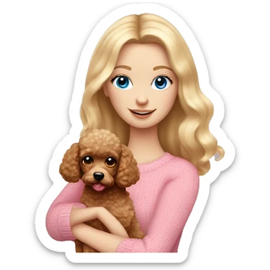 Pretty blue eyed white girl with blonde hair in a pink sweater holding a brown toy poodle sticker