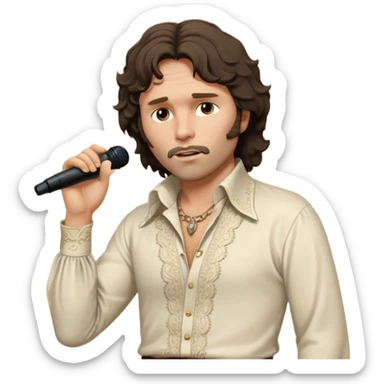 solarpunk realistic ultra HD - unkempt, shaggy with big sideburns Jim Morrison in an ivory Victorian shirt, in an trance dramatic pose, sings on stage sticker