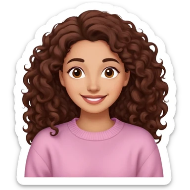 Mujer piel light brown canela, cara ovalada, cejas definidas, pelo súper largo rizado marron oscuro, raya al lado. Sonrisa amplia, expresión suave-alegre. Sweater largo rosado claro. sticker