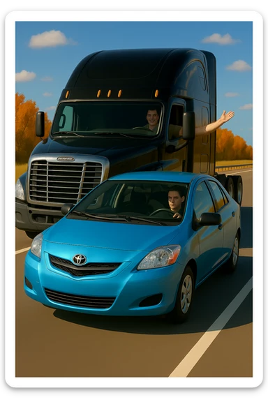 Add a person in the black semi truck with their arm out the window. Keep the scene bright and vibrant, with a person in the car in front. sticker