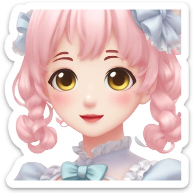 Gorgeous anime style lady blushing face maid outfit Lolita idol model colorful shiny sparkle kawaii pastelcore cottagecore pearly petite simplistic aesthetic trending style sticker