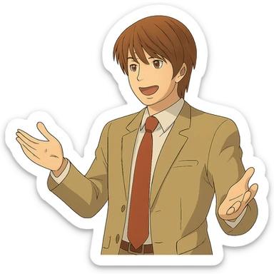 Light Yagami in Ghibli style, standing with both hands raised as if making a point, animated expression, transparent background. sticker