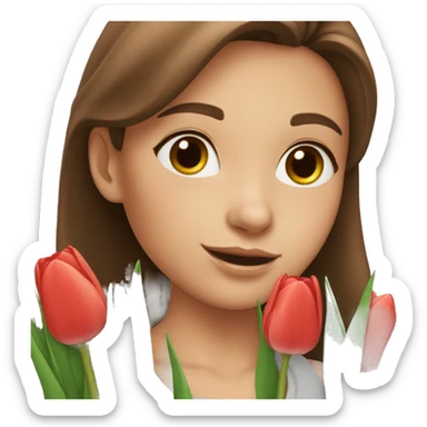Girl with brown hair take a tulips sticker