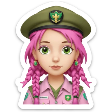 very pretty girl big green eyes, scout girl with pretty pink uniform, pink dreadlocks, and big earrings and scouts hat sticker