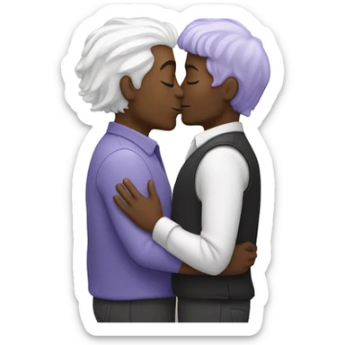 Two men kissing, one of them black and the other white with lavender hair sticker