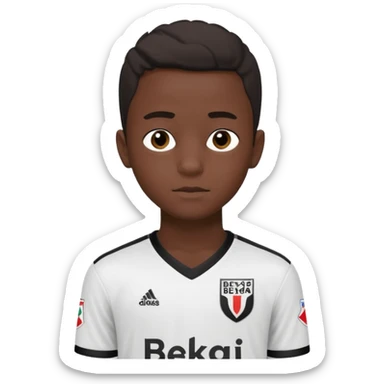A dark-skinned boy, aged 15 and 16, is wearing a Besiktas jersey, black and white. sticker