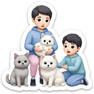 children in pastel clothes play with a Samoyed and a black British cat sticker