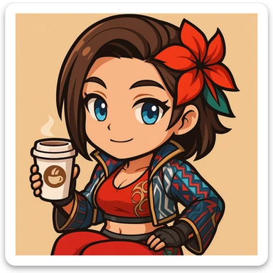 Azucena from Tekken 8 in chibi sticker style, holding a coffee cup with a relaxed expression, wearing the detailed red and patterned outfit from the reference images, designed for Twitch emote use. sticker