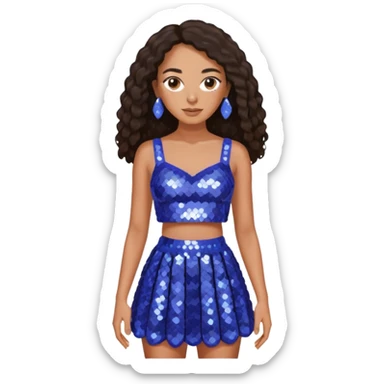 Solange with dark brown long hair, periwinkle sequin crop top and skirt sticker