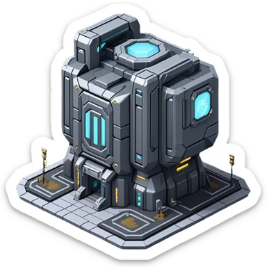 StarCraft-inspired, isometric RTS building with a rugged Terran look: thick metal plating, rivets, subtle wear, and a gunmetal palette plus one accent color. Add minimal glowing panels for a high-tech feel. Keep it compact—like a forward outpost—and show it from a clean isometric angle, emphasizing an industrial sci-fi style and clear silhouette. sticker