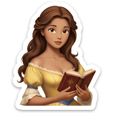 Cinematic Realistic Belle Portrait, depicted with lifelike skin texture, soft natural lighting, and intricately detailed brown hair styled elegantly. Her deep, expressive eyes exude warmth and intelligence, complemented by a serene and graceful expression. She gently holds a book in one hand, her other hand resting at her side, radiating an aura of beauty and intellect. She is dressed in her classic yellow ball gown, the fabric rich in texture with delicate folds that catch the light beautifully. The portrait features a soft, enchanting glow with a natural, radiant finish, capturing the essence of timeless beauty in a realistic and painterly style, evoking a sense of depth and authenticity. sticker
