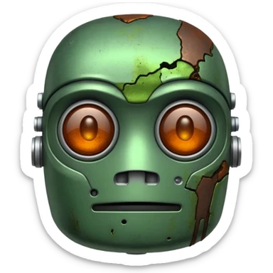 make a tired old robot emoji, covered in green sludge, 2d sticker