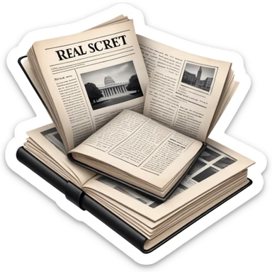 Icon for Non-Fiction & Narrative Reading: an open book with black-and-white photos on the pages, surrounded by a pile of newspaper clippings, and an open folder with top-secret documents. The icon should reflect the blend of real stories and facts in non-fiction literature. Transparent background. sticker