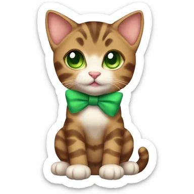 kawaii brown tabby kitten with green eyes and bow on top of head full body sticker