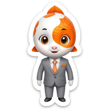 A super cute and fun koi fish character with big anime eyes, rosy cheeks, playful smile, sleek rounded body with orange and white patterns, wearing a neat business suit, white shirt, and tiny tie sticker