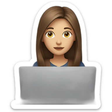 a woman with long brown hair focusing on a computer sticker