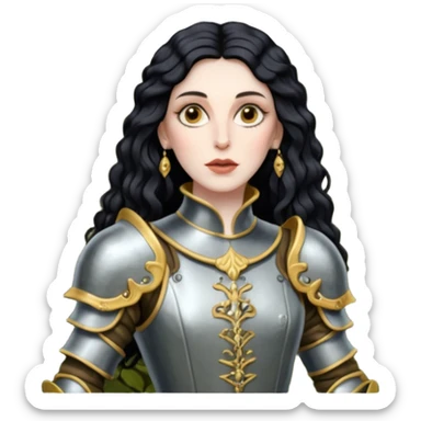 realistic cinematic actress Cher in baroque styling with dirty armor in a forest sticker