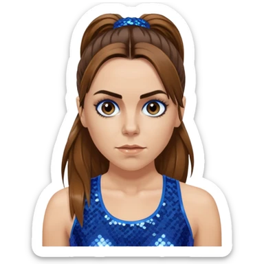 Melanie C with long brown ponytail hair, blue sequin crop top, hazel eye sticker