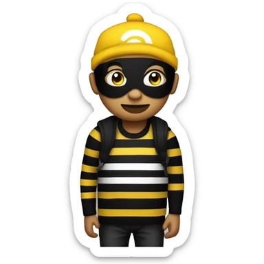 Yellow skin guy with a black top mask and a black beanie and a shirt black and white striped with a money bag on his left shoulder sticker