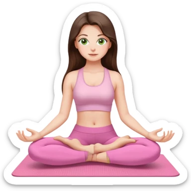 Brunette long hair and green eyes yoga beautiful girl in light pink pink pink clothes sitting on a yoga mat sticker
