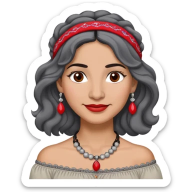 Latina woman, about 50, light brown skin, round face, wavy shoulder-length black and gray hair, red/white headband, medium eyes, thin eyebrows, subtle smile, gray peasant blouse, embroidery, bare shoulders, big dark necklace sticker