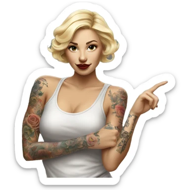 Blonde elegant women, her Body Covered with Tattoos, POINTING to YOU FORWARD with her ONE HAND , Hyper realistic sticker
