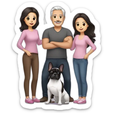 Family-with-father-without-mustache-mum-with-grey-hair-two-brunettes-daughters-with-long-hair-and-just-one-black-French-bulldog sticker
