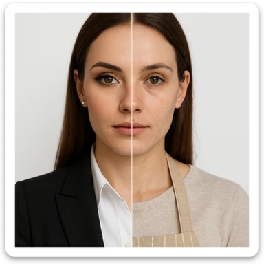 4K hyper realistic split-image of a beautiful woman: one half of her face with professional makeup and business office attire, the other half natural and makeup-free, wearing a kitchen apron like a homemaker. Symmetrical composition, white background, clear contrast between the two roles. sticker