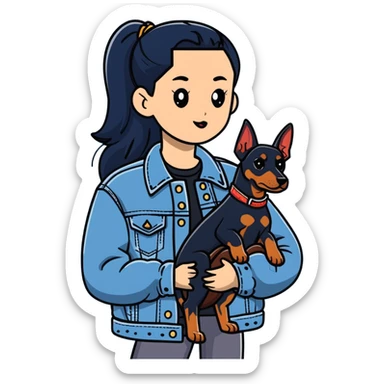girl wearing denim jacket holding a Doberman sticker