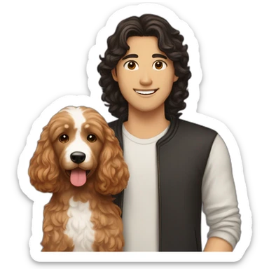 guy with brown wavy hair and asian girl with long black hair holding red goldendoodle sticker