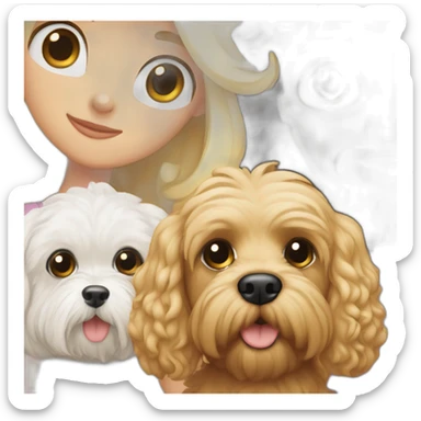 White Cavapoo with a blonde girl and a bearded dark haired guy sticker