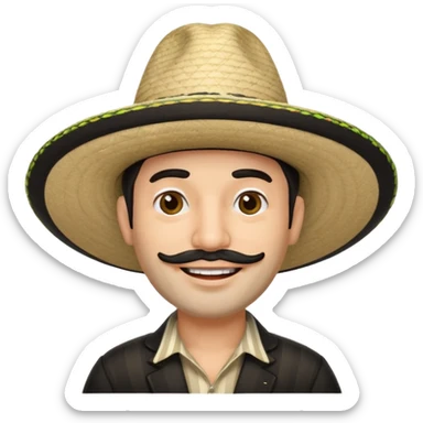 A happy fair skinned Colombian man with minimal facial hair wearing a black and beige stripped Colombian sombrero sticker