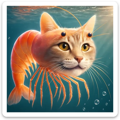 Change the expression of the cat-shrimp creature to happy, keeping all other details and colors the same, in a style consistent with the original image. sticker