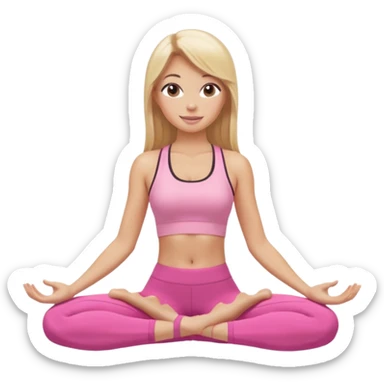 Mujer color de piel moreno con cabello rubio suelto y lacio y largo, que tenga gloss en los labios y se vea usando Blush rosita, usando un top rosa deportivo y leggins deportivo rosa en una pose de yoga sentada, viendo hacia enfrente con ojos negros y sonriendo sin mostrar los dientes sticker