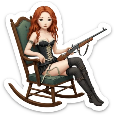 realistic cinematic Tori Amos sits on a rocking chair in a torn corset, holding an antique rifle and her bare feet are muddy. A white snake is wrapped around the chair. sticker