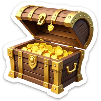 Clash of Clans aesthetic: Cinematic Playful 3D Isometric Treasure Chest Emoji, rendered in a 3D vector-style similar to standard emojis with minimal shading and bold, simplified shapes. A compact, distinct form with signature details, softly glowing with a fantasy RPG magic charm. Simplified yet unmistakably iconic, highly detailed and consistent, glowing with a soft radiance and high shine. Stylized with a touch of heroic grandeur and a soft glowing outline, capturing the essence of a beloved gaming relic with a friendly, playful manner! sticker