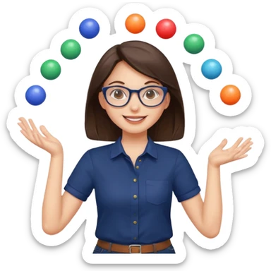 a cute brunette girl in a navy shirt wearing glasses,  juggling multicolored balls with two hands  sticker