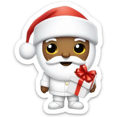 “An adorable full-body Santa with a white suit, fluffy white beard, rosy cheeks, big eyes, and a red hat with a white pom-pom, holding a small gift.” sticker