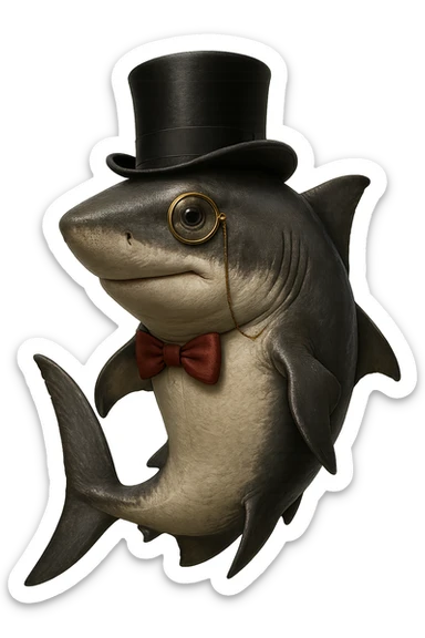 Make this classy shark with a monocle and top hat look more realistic with detailed textures, natural shark colors, and realistic lighting. Keep the top hat and monocle and remove the background. sticker