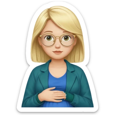 pregnant blonde 18-year old with golden glasses in a bright blue dress and a dark green jacket on top of the blue dress standing sassily sticker