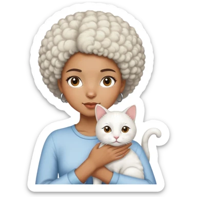 a mixed-race girl with a short afro carrying an all-white cat. sticker