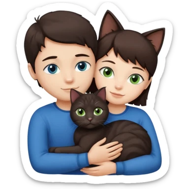 Crea un emoji donde salga un chico de pelo moreno con los ojos claros, una chica de pelo morena con los ojos marrones y UN gato europeo comun de pelaje oscuro y ojos verde claro, quiero que se esten abrazando el chico y la chica, y el gato este en el medio de los dos sticker