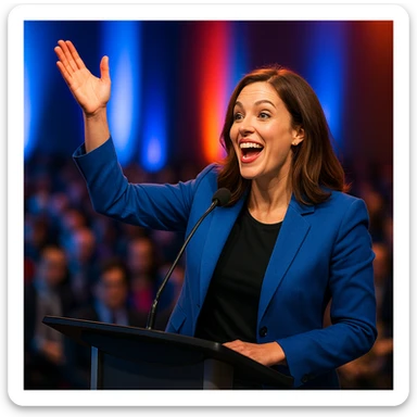 a female speaker at an event standing at a podium, energetic expression, gesturing with one hand, audience blurred in background sticker