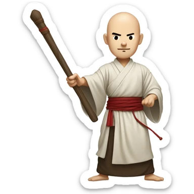 An illustration of a bald monk in traditional robes, mid-action, wielding a wooden staff. He strikes with precision, showing focus and strength. The style is cartoon-like, with a minimal background hinting at a temple or dojo sticker